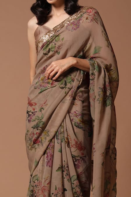 Buy_Rohit Bal_Brown Chiffon, Lining Chanderi Floral Print Saree With Unstitched Blouse Piece _Online_at_Aza_Fashions