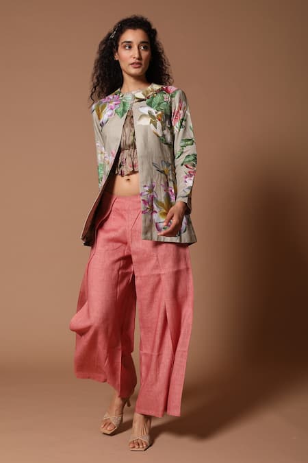 Rohit Bal Grey Linen Printed Floral Open Jacket And Trouser Set  