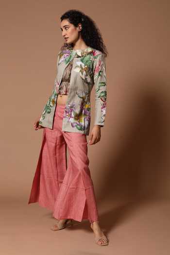 Rohit Bal_Grey Linen Floral Open Print Jacket And Trouser Set _Online_at_Aza_Fashions