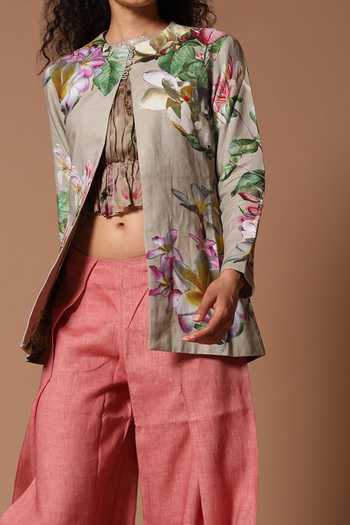Buy_Rohit Bal_Grey Linen Floral Open Print Jacket And Trouser Set _Online_at_Aza_Fashions