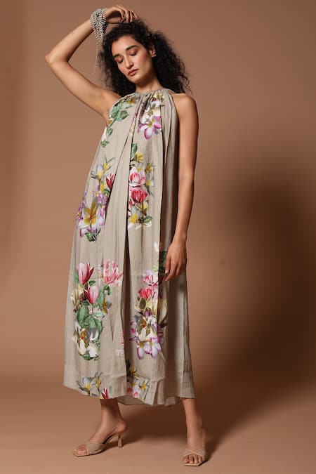 Rohit Bal Grey Linen Printed Floral Round Dress  