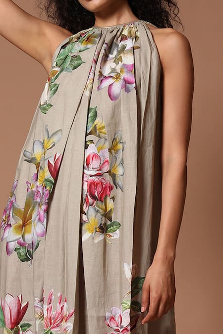 Rohit Bal_Grey Linen Floral Round Print Dress _Online_at_Aza_Fashions