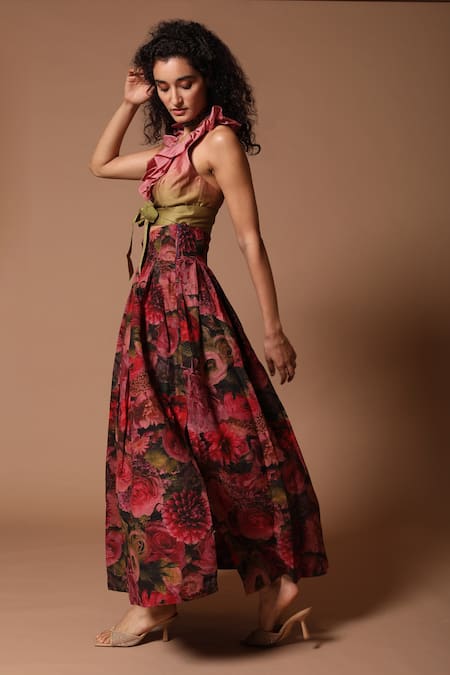 Rohit Bal_Green Chanderi, Matka Floral V Neck Ombre Crop Top And Skirt Set _Online_at_Aza_Fashions