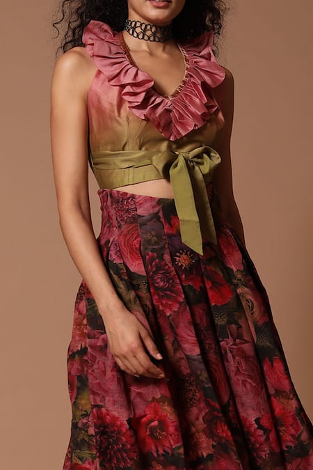 Buy_Rohit Bal_Green Chanderi, Matka Floral V Neck Ombre Crop Top And Skirt Set _Online_at_Aza_Fashions