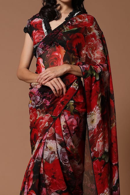 Rohit Bal_Red Saree Chiffon, Unstitched Blouse Chanderi Floral Print With Piece _Online_at_Aza_Fashions