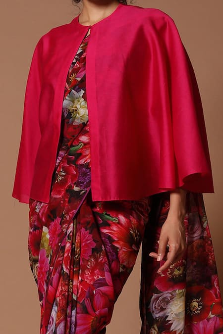 Rohit Bal_Red Saree Chiffon Floral Print With Unstitched Blouse Piece _Online_at_Aza_Fashions