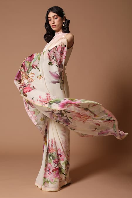 Rohit Bal_Ivory Lining Chiffon Floral Print Saree With Unstitched Blouse Piece _Online_at_Aza_Fashions