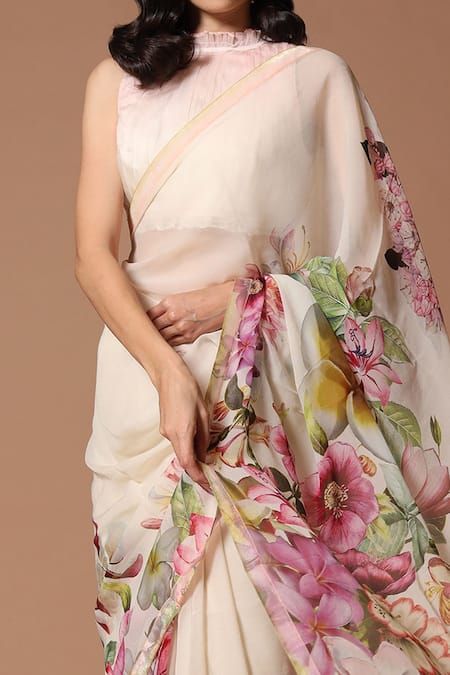 Buy_Rohit Bal_Ivory Lining Chiffon Floral Print Saree With Unstitched Blouse Piece _Online_at_Aza_Fashions