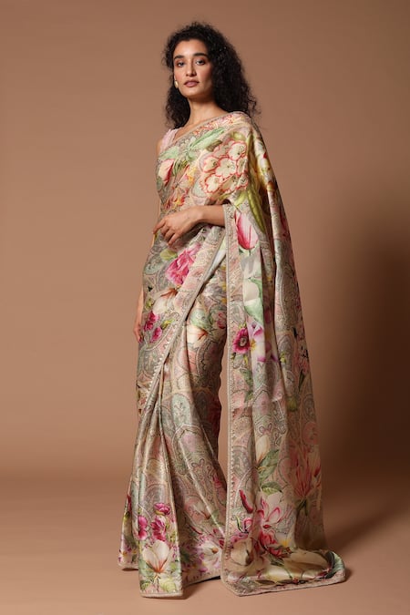 Organza Saree with Floral Print and Sequin Work