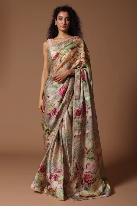 Rohit Bal_Ivory Saree Organza, Unstitched Blouse Piece Chiffon Floral Print With _Online_at_Aza_Fashions
