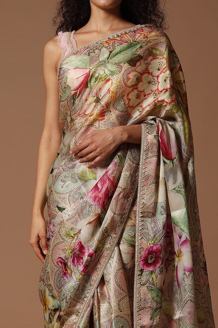 Buy_Rohit Bal_Ivory Saree Organza, Unstitched Blouse Piece Chiffon Floral Print With _Online_at_Aza_Fashions
