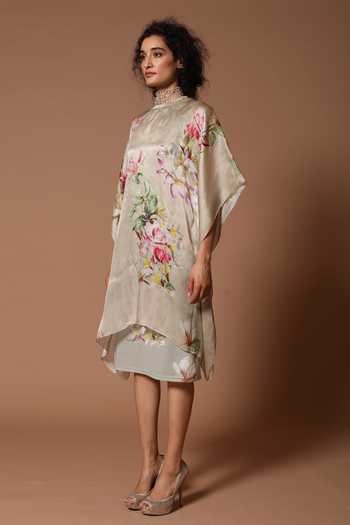 Rohit Bal_Green Organza Satin Floral Round Print Kaftan And Inner Dress Set _Online_at_Aza_Fashions