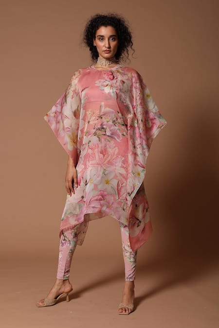 Rohit Bal_Pink Lining Organza Floral Round Print Tunic And Pant Set _Online_at_Aza_Fashions