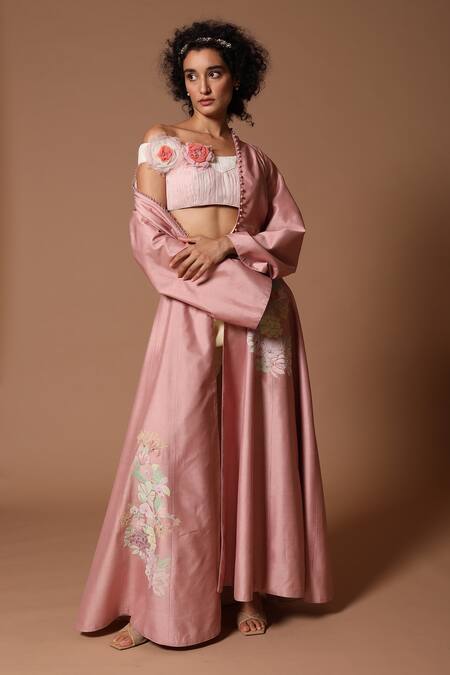 Rohit Bal_Pink Chanderi Floral Open Jacket And Trouser Set _Online_at_Aza_Fashions