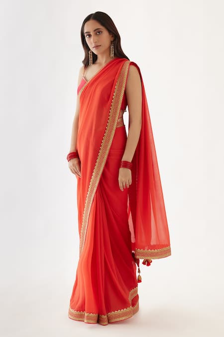 Nikasha_Coral 100% Viscose Georgette, Pure Raw Silk Gota V Embroidered Saree With Blouse _Online_at_Aza_Fashions