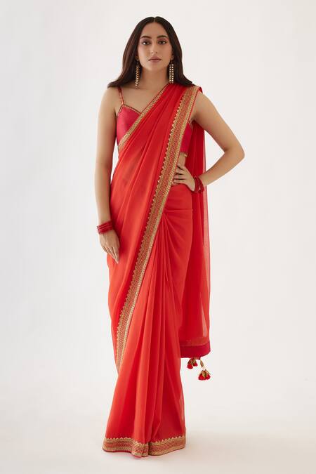 Buy_Nikasha_Coral 100% Viscose Georgette, Pure Raw Silk Gota V Embroidered Saree With Blouse _Online_at_Aza_Fashions
