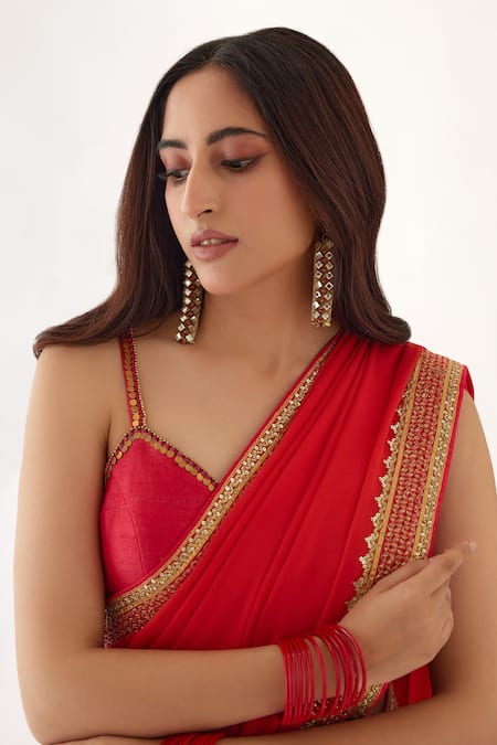Shop_Nikasha_Coral 100% Viscose Georgette, Pure Raw Silk Gota V Embroidered Saree With Blouse _Online_at_Aza_Fashions