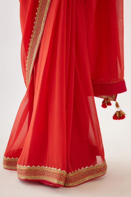 Nikasha_Coral 100% Viscose Georgette, Pure Raw Silk Gota V Embroidered Saree With Blouse _at_Aza_Fashions