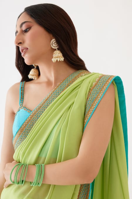 Buy Nikasha Blue 100% Viscose Georgette, Pure Raw Silk Gota V Embroidered Saree With Blouse Online at Aza Fashions Buy_Nikasha_Blue 100% Viscose Georgette, Pure Raw Silk Gota V Embroidered Saree With Blouse _Online_at_Aza_Fashions