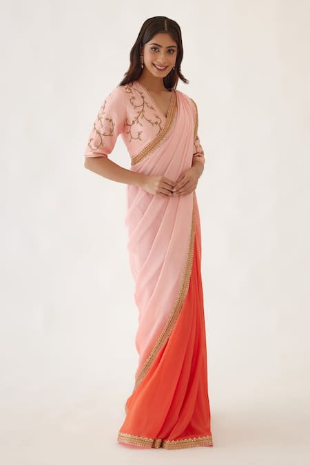 Nikasha_Peach 100% Viscose Georgette And Pure Raw Silk Gota, Ombre Saree With Blouse _Online_at_Aza_Fashions