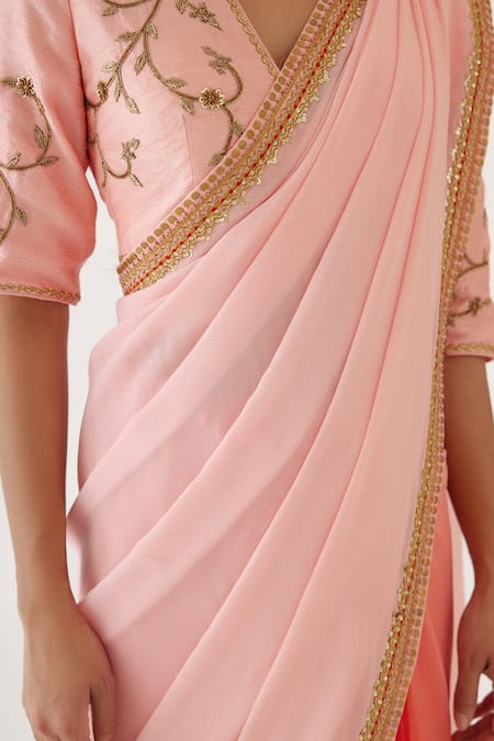Shop_Nikasha_Peach 100% Viscose Georgette And Pure Raw Silk Gota, Ombre Saree With Blouse _Online_at_Aza_Fashions