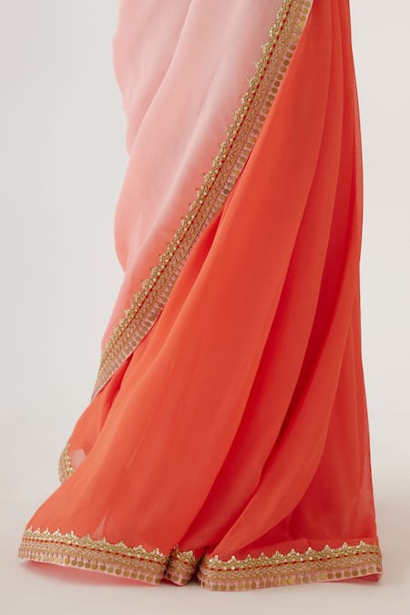 Nikasha_Peach 100% Viscose Georgette And Pure Raw Silk Gota, Ombre Saree With Blouse _at_Aza_Fashions