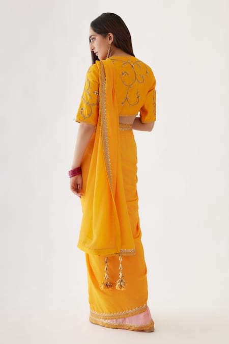 Shop Nikasha Yellow 100% Viscose Georgette And Pure Raw Silk Gota, Ombre Saree With Blouse at Aza Fashions Shop_Nikasha_Yellow 100% Viscose Georgette And Pure Raw Silk Gota, Ombre Saree With Blouse _at_Aza_Fashions