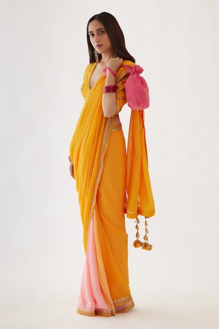 Nikasha Yellow 100% Viscose Georgette And Pure Raw Silk Gota, Ombre Saree With Blouse Online at Aza Fashions Nikasha_Yellow 100% Viscose Georgette And Pure Raw Silk Gota, Ombre Saree With Blouse _Online_at_Aza_Fashions