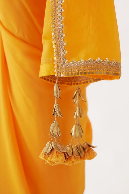 Shop Nikasha Yellow 100% Viscose Georgette And Pure Raw Silk Gota, Ombre Saree With Blouse Online at Aza Fashions Shop_Nikasha_Yellow 100% Viscose Georgette And Pure Raw Silk Gota, Ombre Saree With Blouse _Online_at_Aza_Fashions