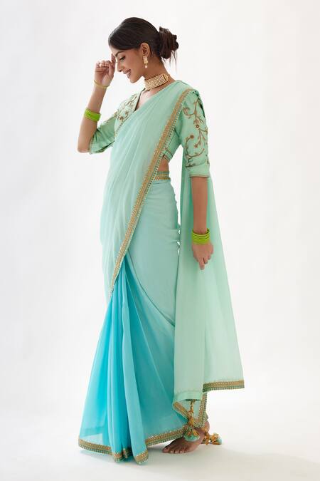 Nikasha_Blue 100% Viscose Georgette And Pure Raw Silk Gota, Ombre Saree With Blouse _Online_at_Aza_Fashions