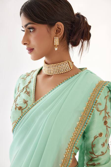 Nikasha_Blue 100% Viscose Georgette And Pure Raw Silk Gota, Ombre Saree With Blouse _at_Aza_Fashions