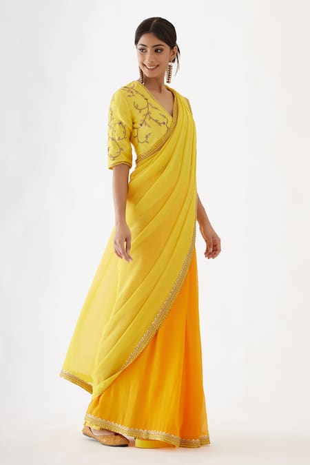 Nikasha_Yellow 100% Viscose Georgette And Pure Raw Silk Gota, Ombre Saree With Blouse _Online_at_Aza_Fashions