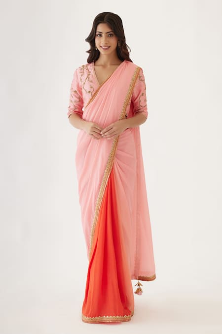 Buy Pink 100% Viscose Georgette And Pure Raw Silk Ombre Saree With Blouse  For Women by Nikasha Online at Aza Fashions.