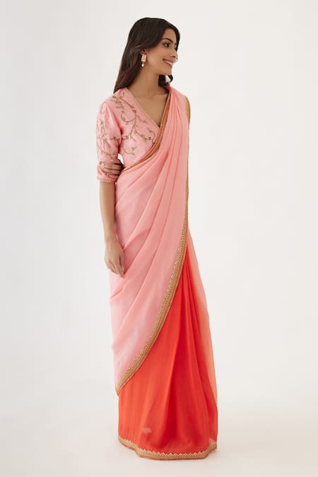 Nikasha_Pink 100% Viscose Georgette And Pure Raw Silk Gota, Ombre Saree With Blouse _Online_at_Aza_Fashions