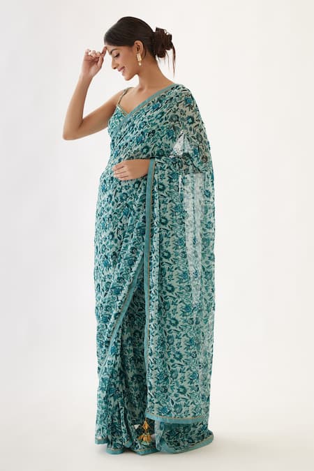 Buy Nikasha Green 100% Viscose Georgette Cutdana, Floral, Resham, Print Saree With Blouse Online at Aza Fashions Buy_Nikasha_Green 100% Viscose Georgette Cutdana, Floral, Resham, Print Saree With Blouse _Online_at_Aza_Fashions