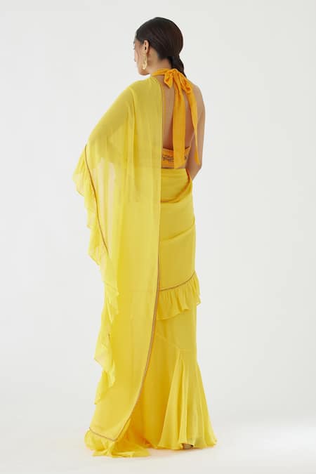 Shop_Nikasha_Yellow 100% Viscose Georgette, Pure Raw Ruffle Saree With Embroidered Blouse _at_Aza_Fashions