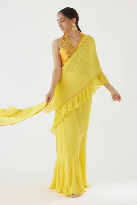 Nikasha_Yellow 100% Viscose Georgette, Pure Raw Ruffle Saree With Embroidered Blouse _Online_at_Aza_Fashions