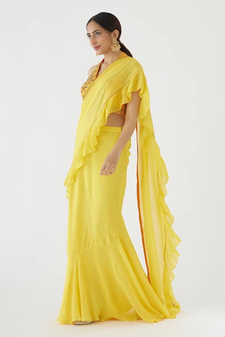 Buy_Nikasha_Yellow 100% Viscose Georgette, Pure Raw Ruffle Saree With Embroidered Blouse _Online_at_Aza_Fashions