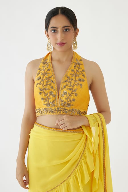 Shop_Nikasha_Yellow 100% Viscose Georgette, Pure Raw Ruffle Saree With Embroidered Blouse _Online_at_Aza_Fashions