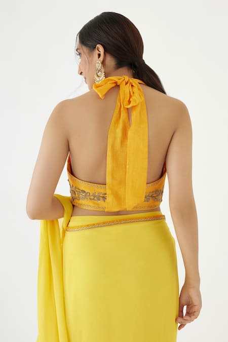 Nikasha_Yellow 100% Viscose Georgette, Pure Raw Ruffle Saree With Embroidered Blouse _at_Aza_Fashions