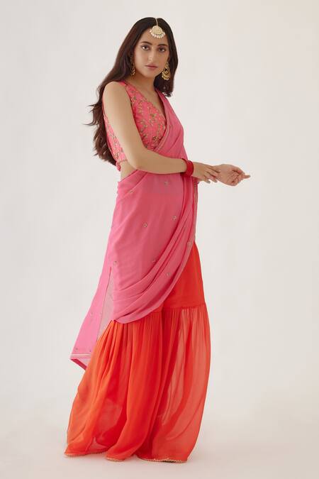 Nikasha_Pink 100% Viscose Georgette, Pure Raw Silk Sharara Pant Saree With Blouse _Online_at_Aza_Fashions