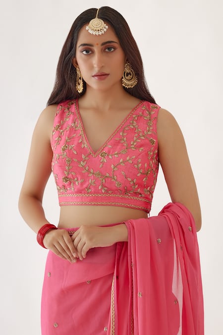 Buy_Nikasha_Pink 100% Viscose Georgette, Pure Raw Silk Sharara Pant Saree With Blouse _Online_at_Aza_Fashions