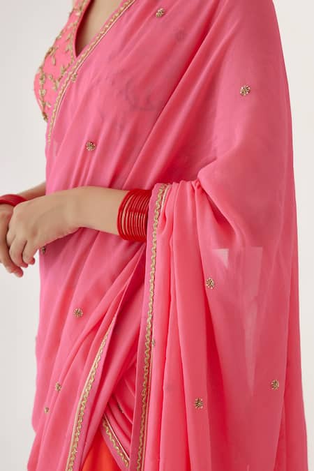 Shop_Nikasha_Pink 100% Viscose Georgette, Pure Raw Silk Sharara Pant Saree With Blouse _Online_at_Aza_Fashions