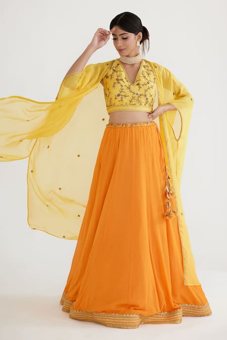 Buy_Nikasha_Yellow Blouse Pure Raw Silk, Dupatta 100% Viscose Embroidered Cape Set _Online_at_Aza_Fashions
