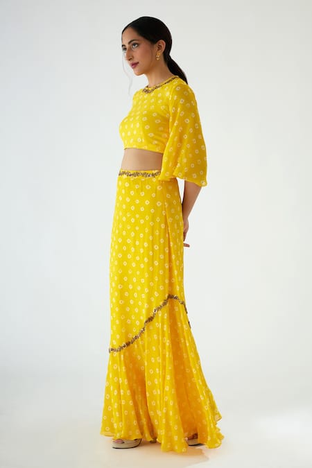 Nikasha_Yellow 100% Crepe, Dupatta 100% Organza Print Frill Lehenga Set _Online_at_Aza_Fashions
