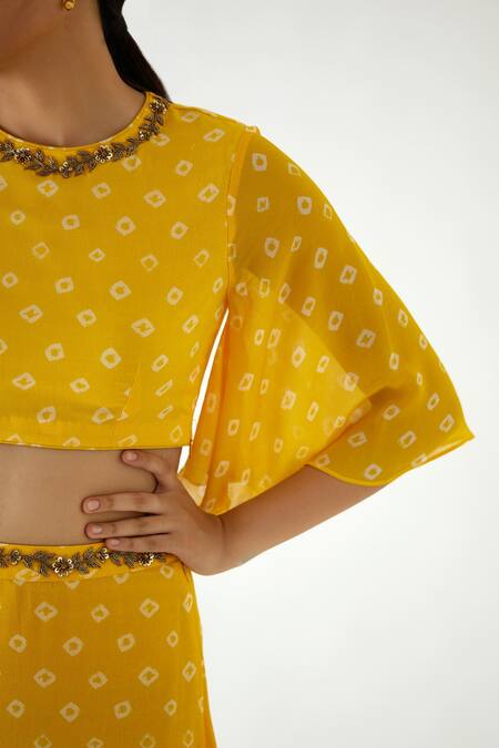 Shop_Nikasha_Yellow 100% Crepe, Dupatta 100% Organza Print Frill Lehenga Set _Online_at_Aza_Fashions