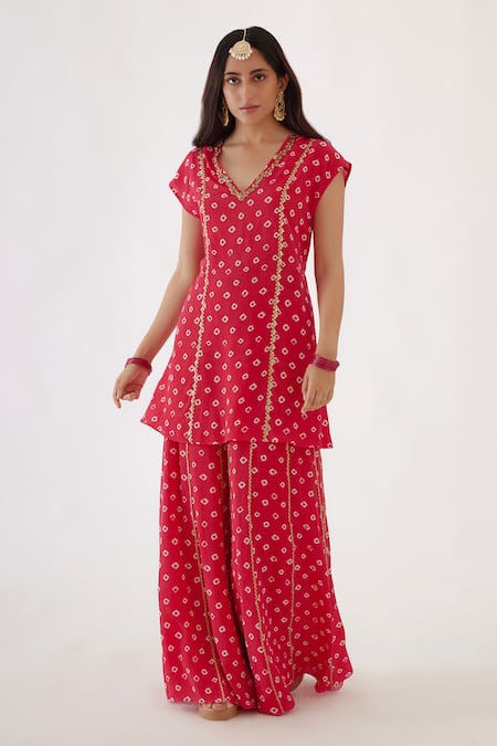 Nikasha Pink 100% Crepe, 100% Organza Bandhani, Print Kurta Sharara Set Online at Aza Fashions Nikasha_Pink 100% Crepe, 100% Organza Bandhani, Print Kurta Sharara Set _Online_at_Aza_Fashions