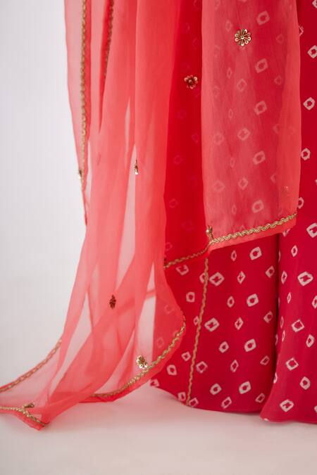Shop Nikasha Pink 100% Crepe, 100% Organza Bandhani, Print Kurta Sharara Set Online at Aza Fashions Shop_Nikasha_Pink 100% Crepe, 100% Organza Bandhani, Print Kurta Sharara Set _Online_at_Aza_Fashions