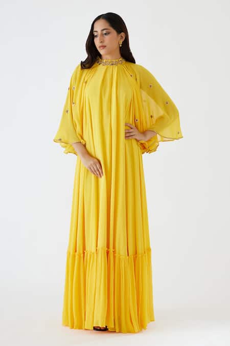 Nikasha_Yellow 100% Crepe, Dupatta 100% Embroidered Cape Tiered Dress _Online_at_Aza_Fashions