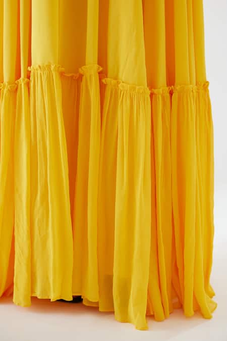 Nikasha_Yellow 100% Crepe, Dupatta 100% Embroidered Cape Tiered Dress _at_Aza_Fashions